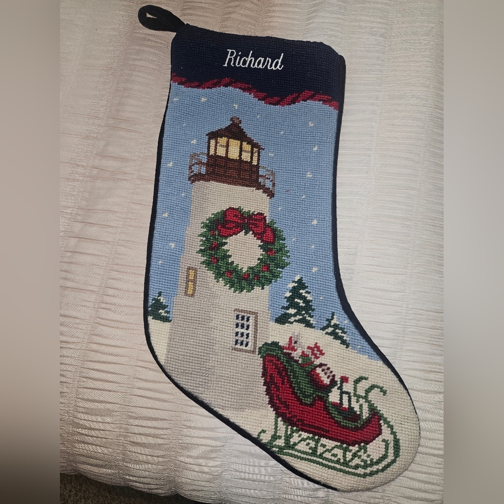 Holiday Lighthouse Stocking with Sleigh Design - Multicolor